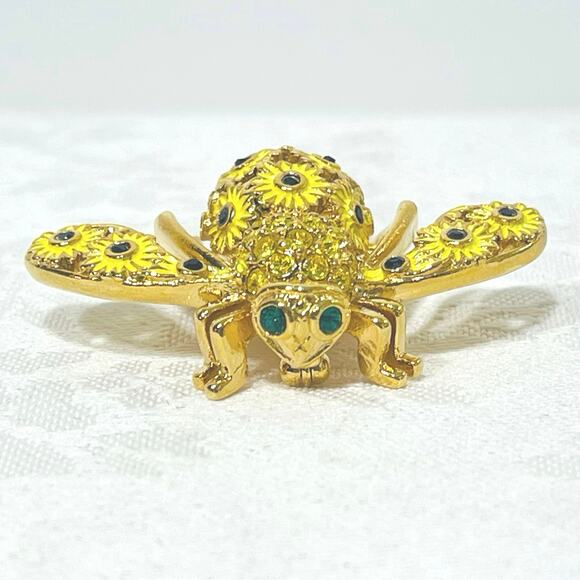Vtg JOAN RIVERS Sunflower Bee Pin Brooch Crystal Yellow Green Classic Collection - Picture 6 of 11